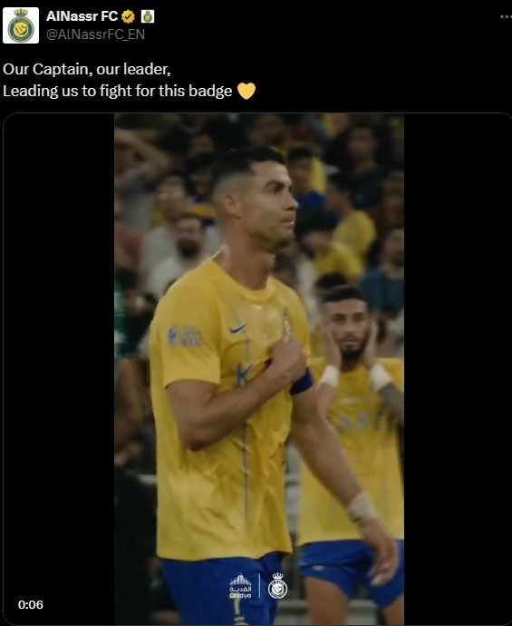 利雅得胜利官推致敬C罗：我们的队长和领袖 带领我们为这队徽而战