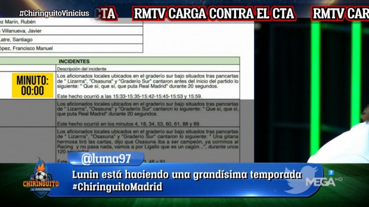 六台：西足协比赛报告记录奥萨苏纳球迷高喊辱骂皇马口号