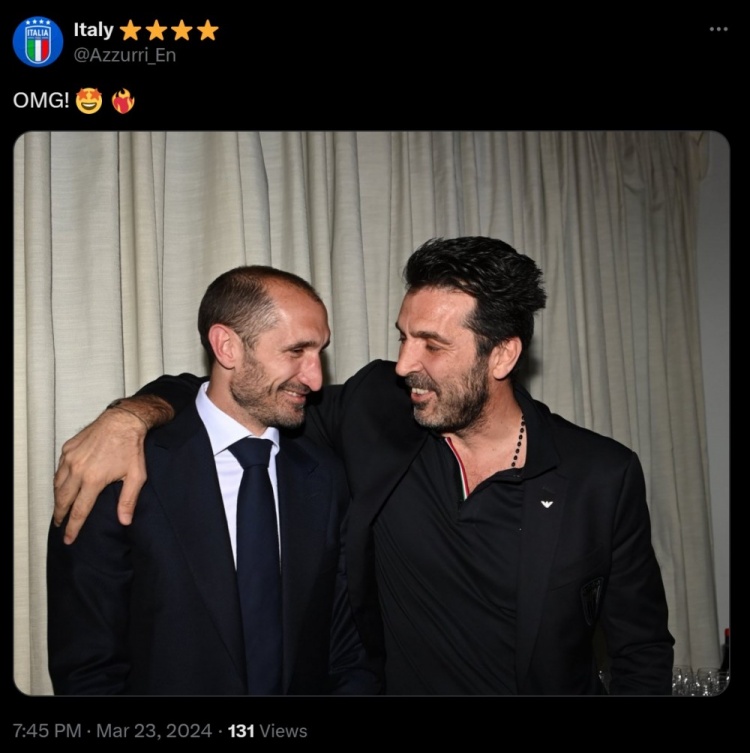 蒂尼们看过来意大利国家队晒布冯和基耶利尼合影：我的天呐❤